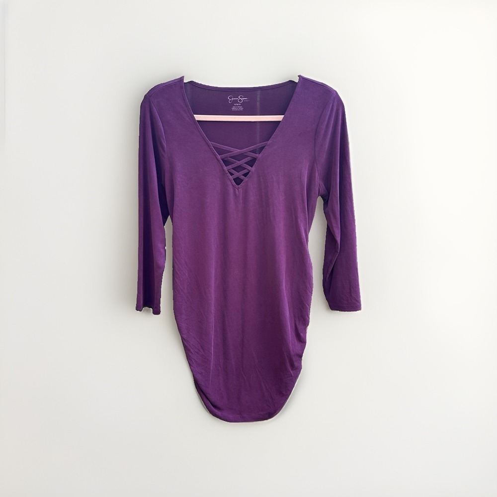 Jessica Simpson Maternity Purple Lattice V-Neck Ruched Side 3/4 Sleeve Top M
